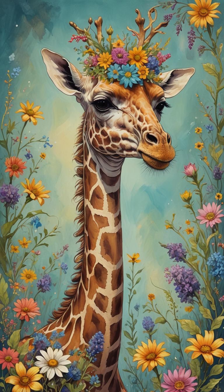 Floral Giraffe Fantasy Creature in Colorful Style