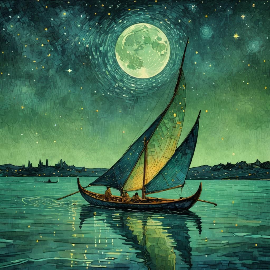 Surreal Outrigger Canoe on Moonlit Waters