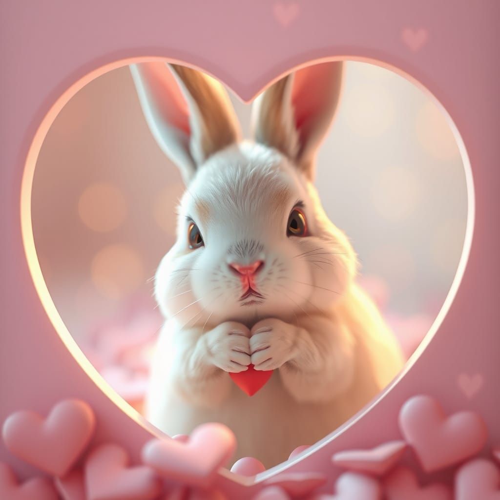 Cute Rabbit in Heart-Shaped Valentine's Card Frame