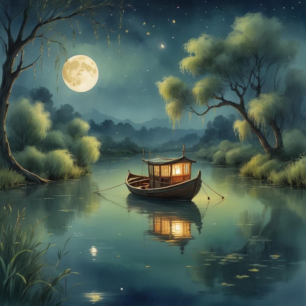 Fantasy Boat on River with Willows and Moon
