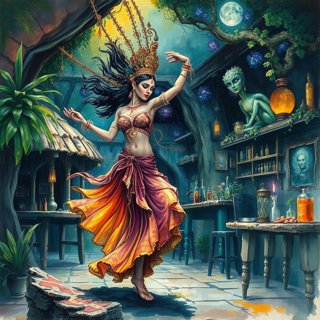 Ethereal Scene with Balinese Dancer in a Druidic Tavern