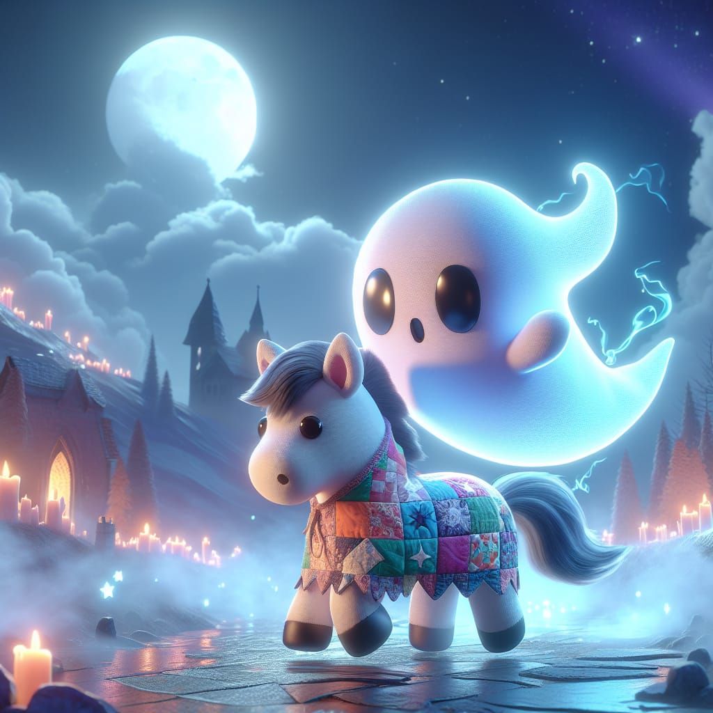 Ethereal Cartoon Ghost Rides a Quilt Pony