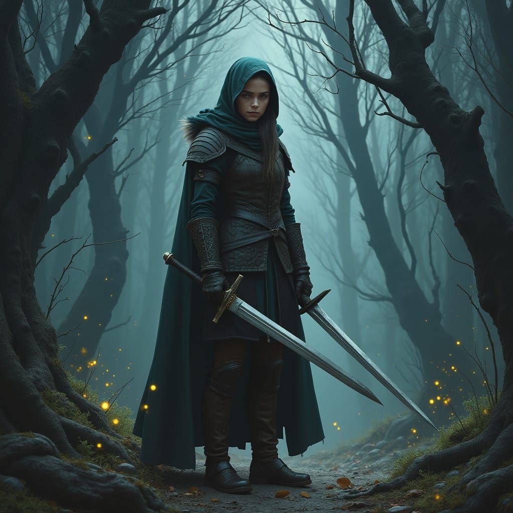 Epic Fantasy Warrior in Ancient Forest Land