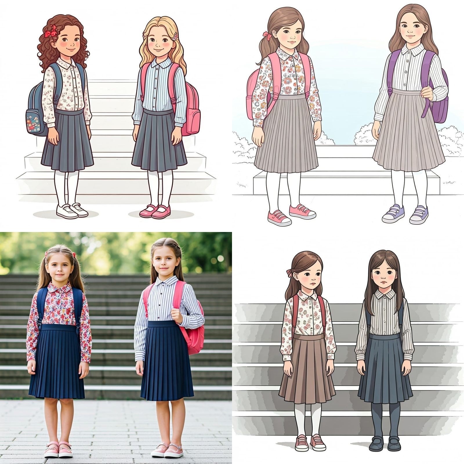 School Girls on Stairs Coloring Page Sketch