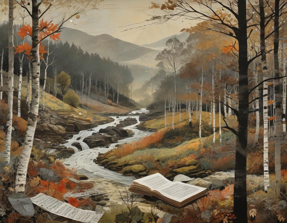 Autumn Landscape Shines: Mixed Media Collage Painting