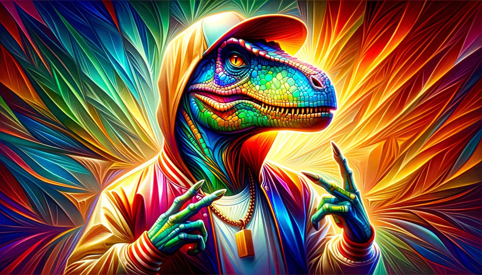 Anthropomorphic Velociraptor Rapper in Iridescent Digital Ar...