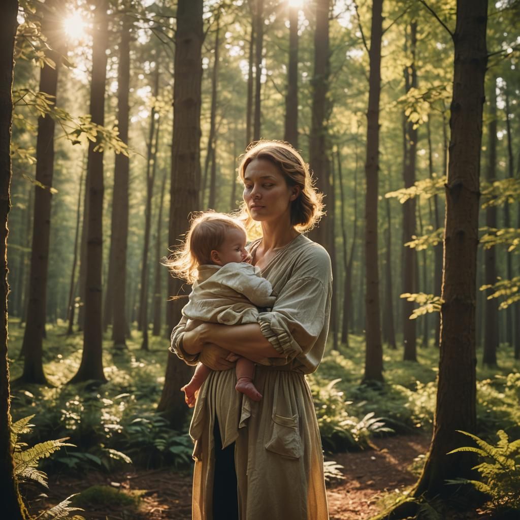 Mother and Child in Sunlit Forest