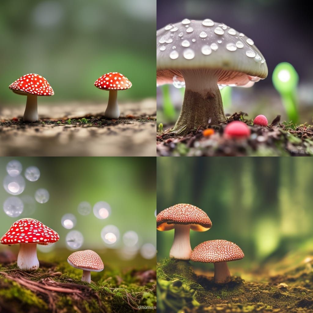 Bioluminescent Fly Agaric Mushrooms with Water Droplets