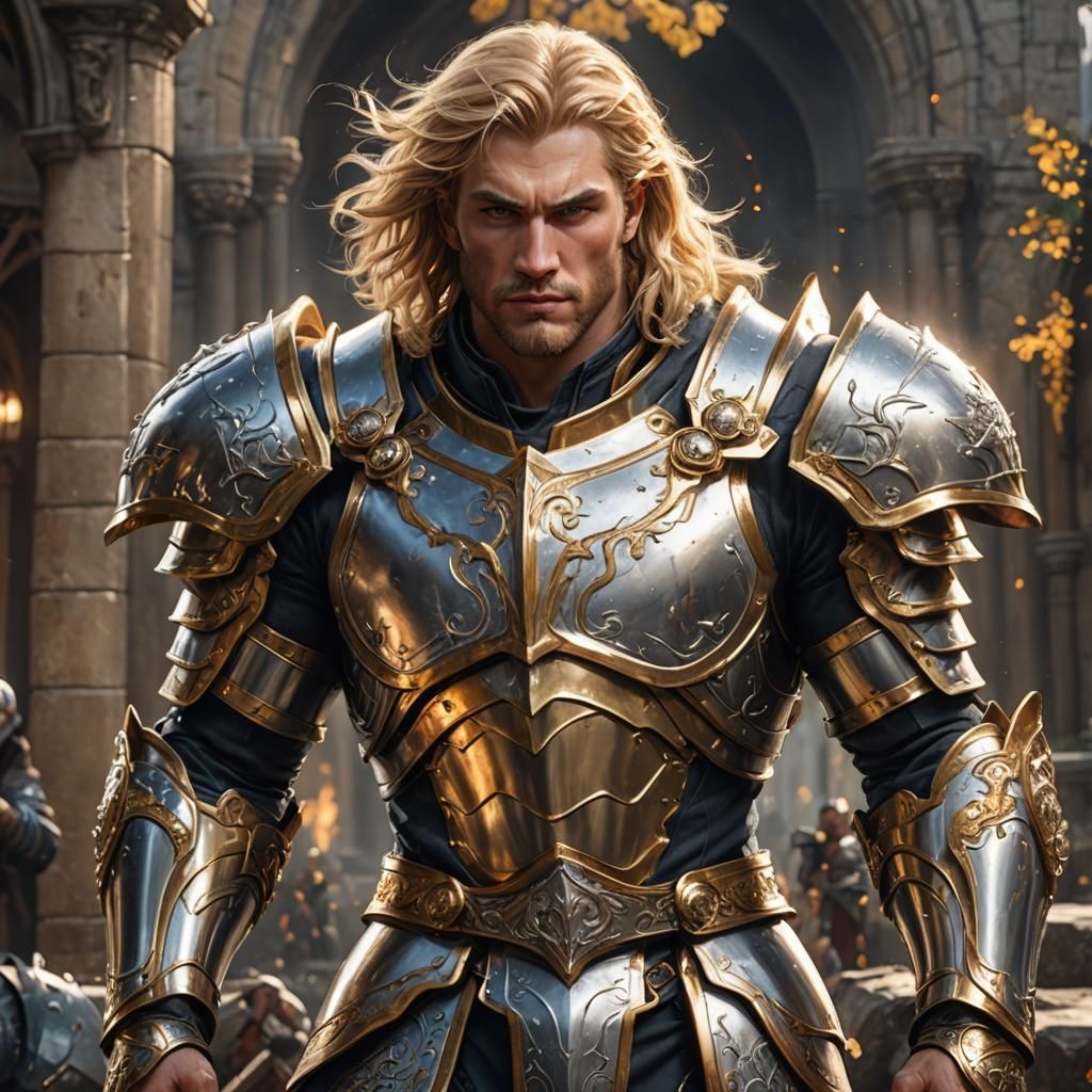 Golden Haired Paladin in Silver and Gold Armor