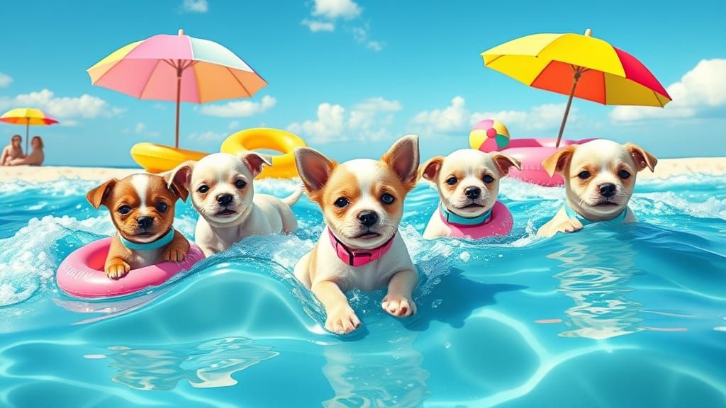 Puppies Playing on Beach in Whimsical Style