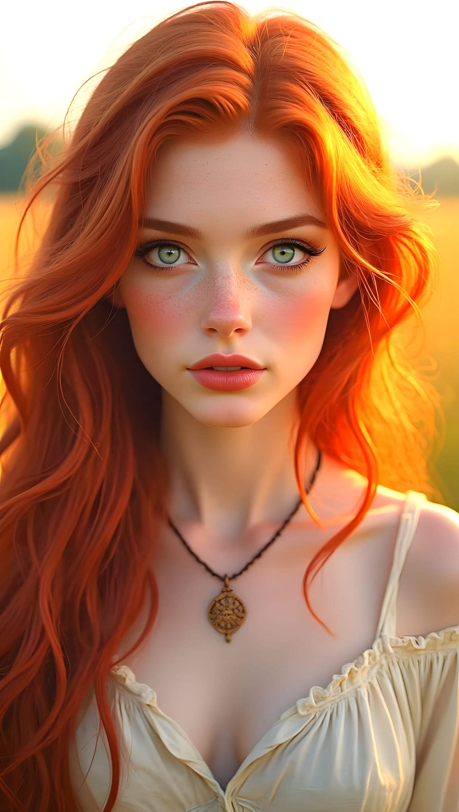Portrait of a Woman with Long Red Hair in a Beautiful Dawn