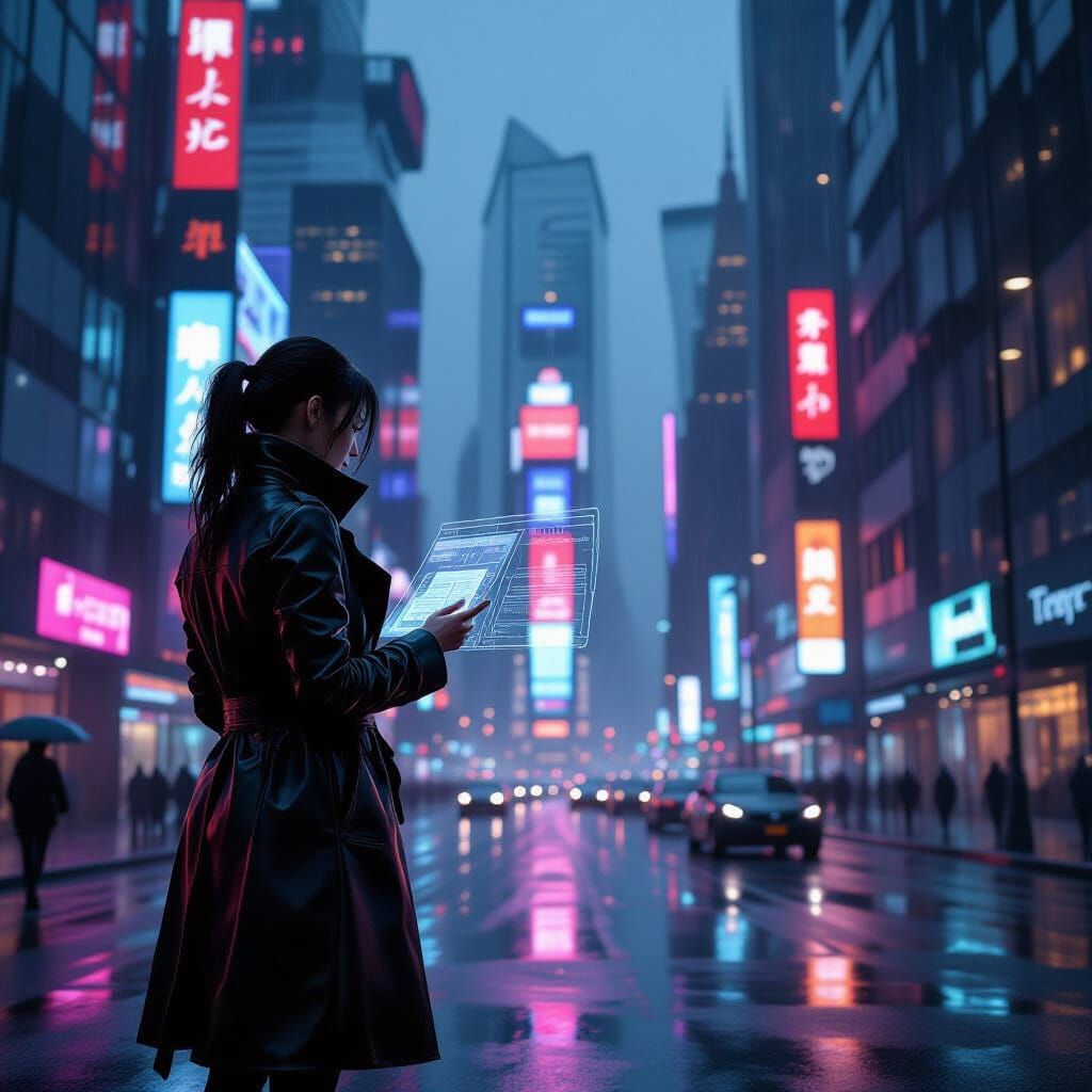 Freelancer in Rain-Slicked Cyberpunk Cityscape