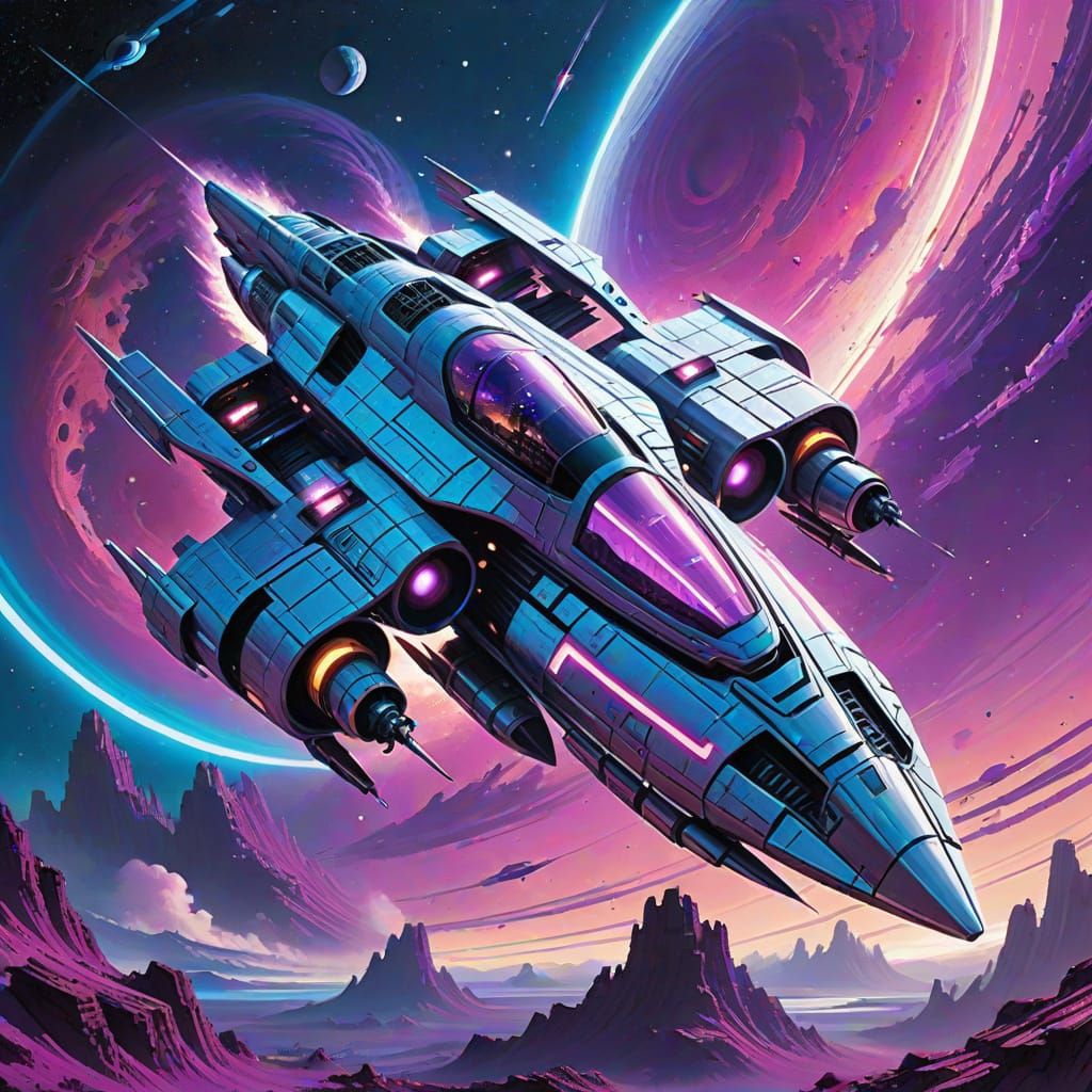 Cyberpunk Starship Soars Through Vortex Nebulae