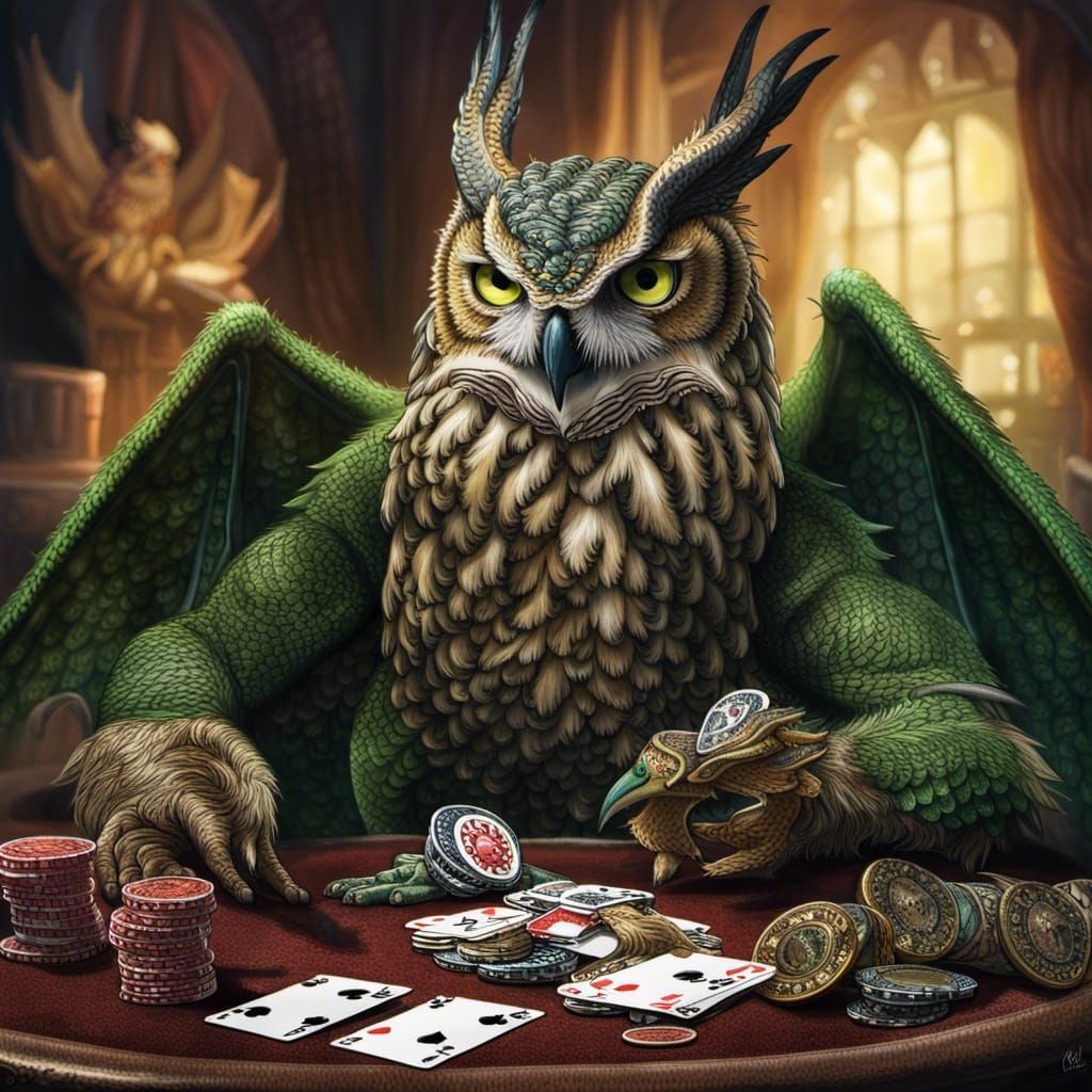 Dragon and Owl Play Poker in Hyperrealistic Style
