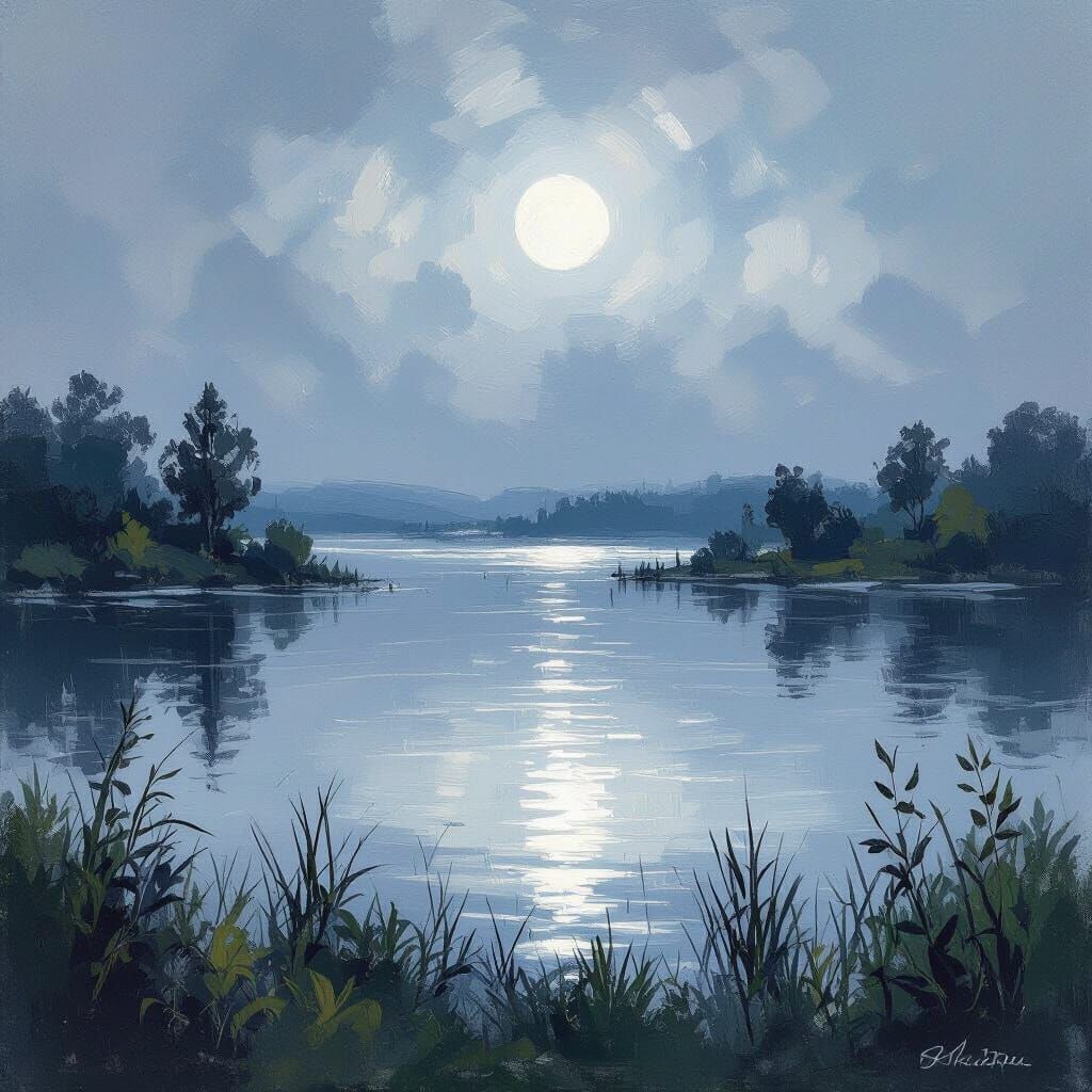 Moonlit Lake in Impressionist Style