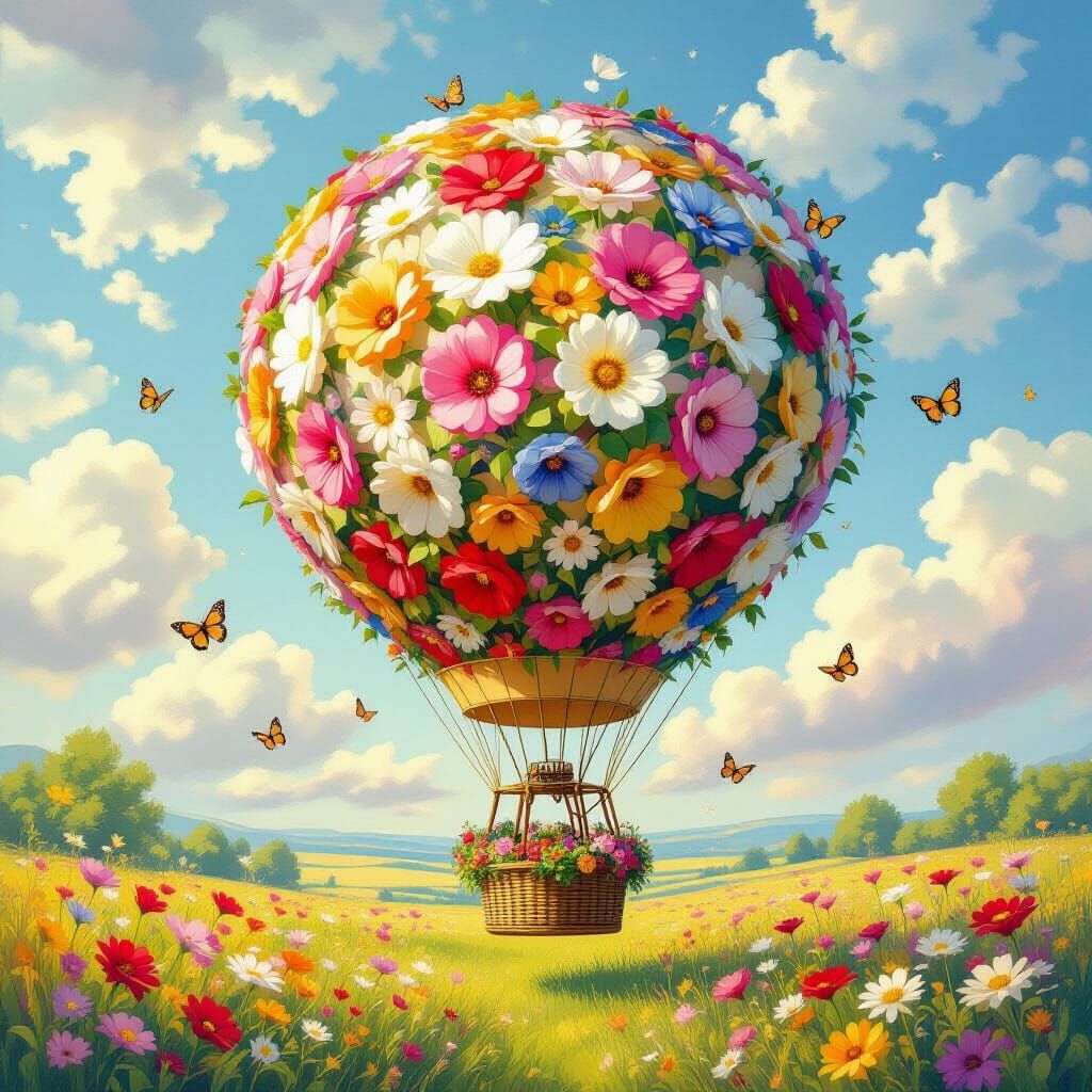 Floral Hot Air Balloon Soaring Above Meadow, Painterly Style