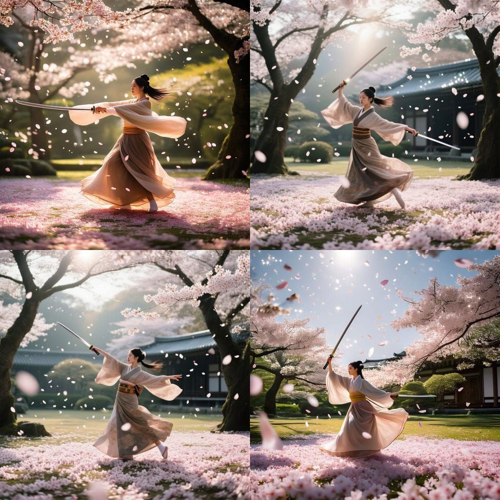 Woman Sword Dancing Amidst Falling Cherry Blossoms