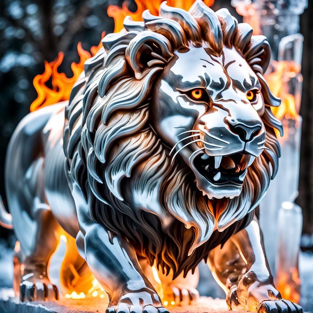 Fiery Ice Lion Sculpture in Hyperrealistic Style