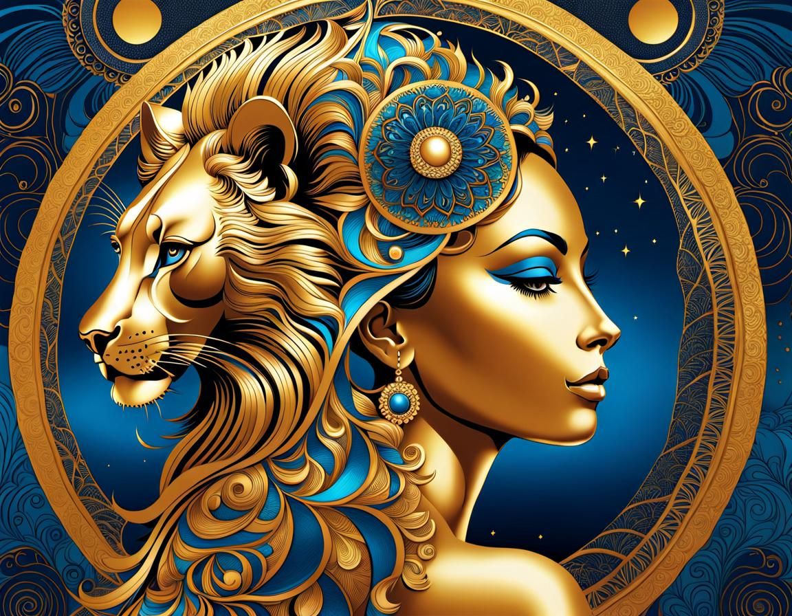 Woman and Lion in Metallic Gold and Blue