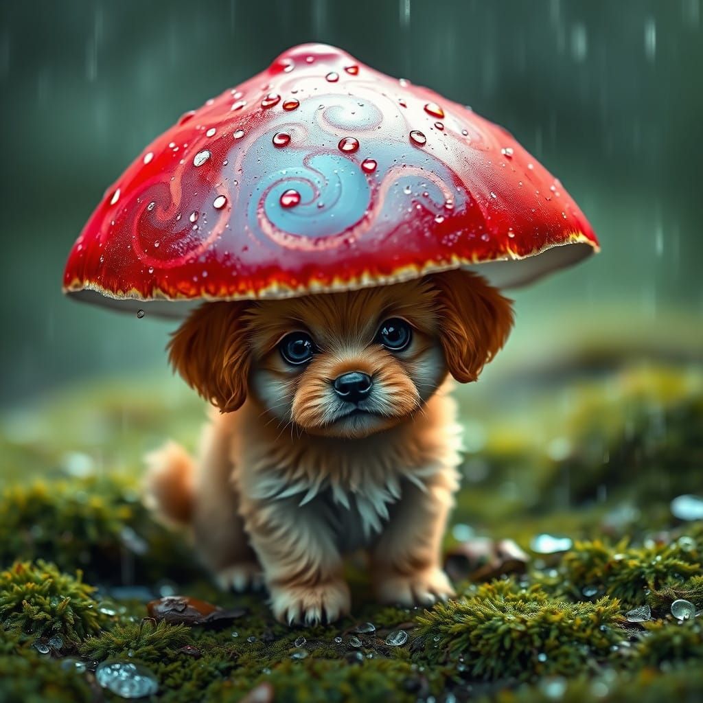Whimsical Puppy Under Rainy Mushroom Umbrella in Mossy Fores...