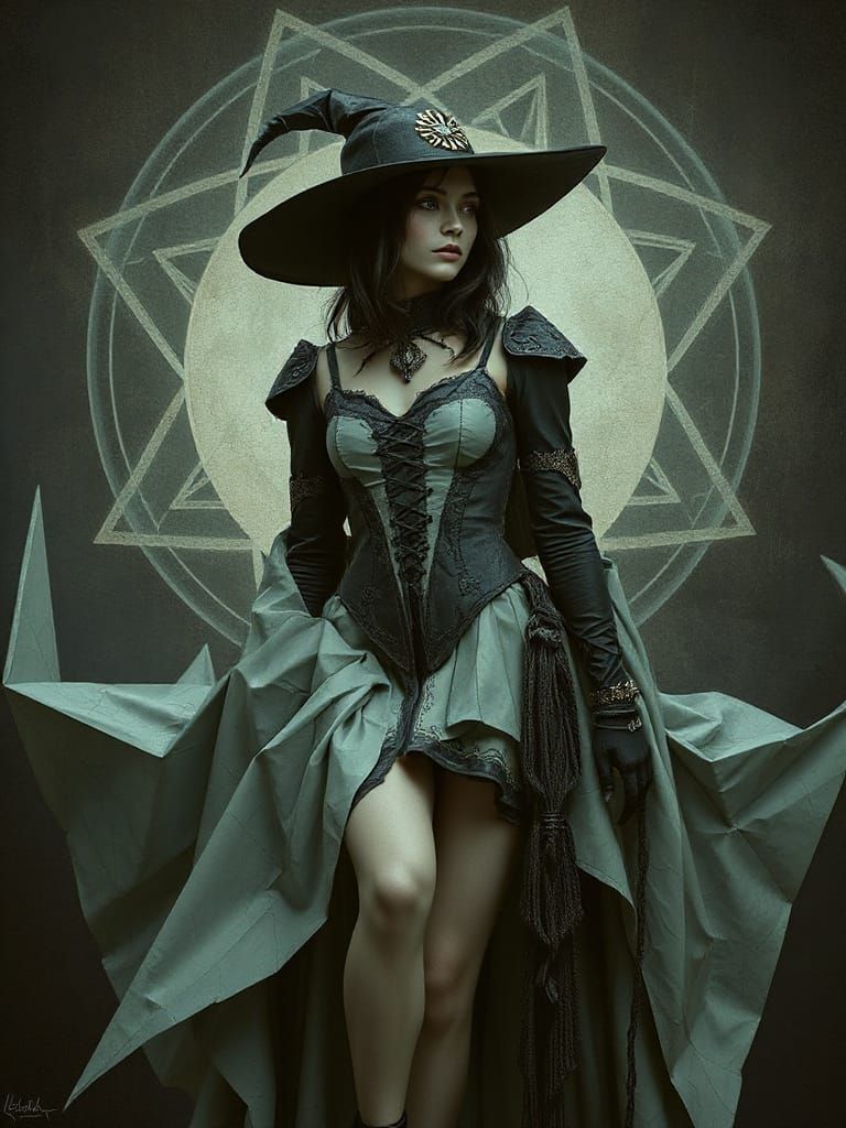 Gothic Origami Witch with Mystical Symbols