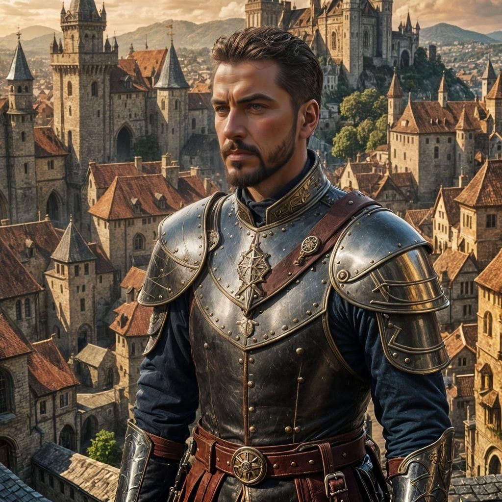 Epic Fantasy Guardsman in Medieval City, Hyperrealistic Port...