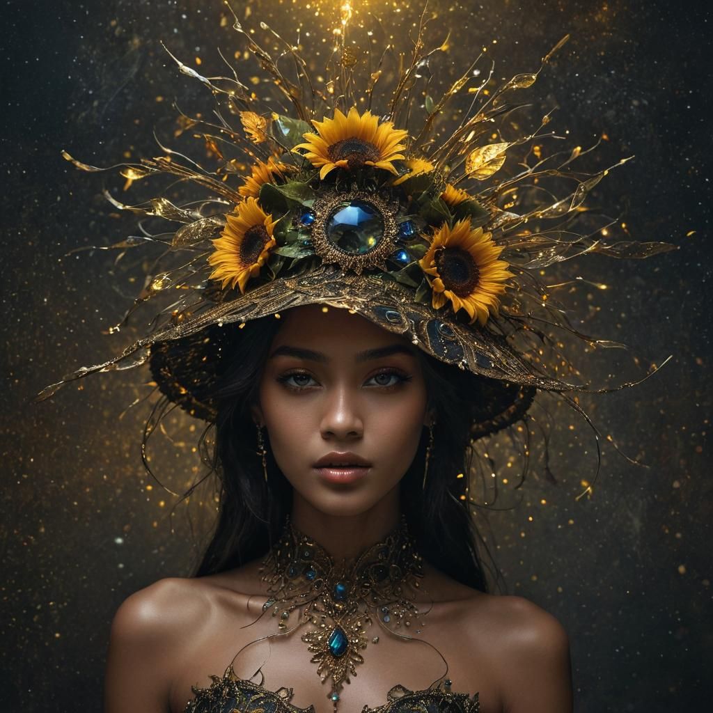 Model with Glowing Sunflower Hat in Dreamlike Art