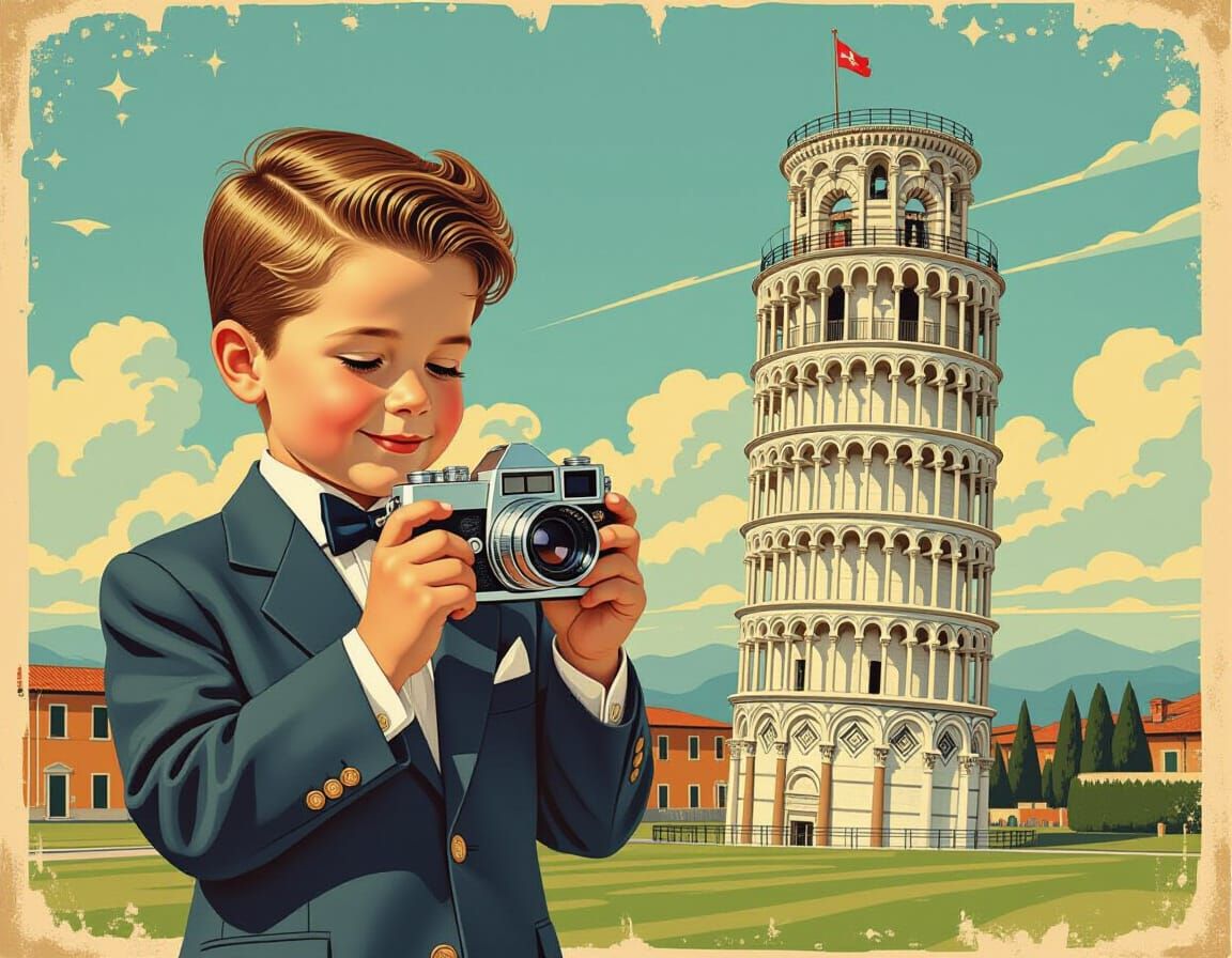 Boy with Camera in Pisa, Retro Sci-Fi Style
