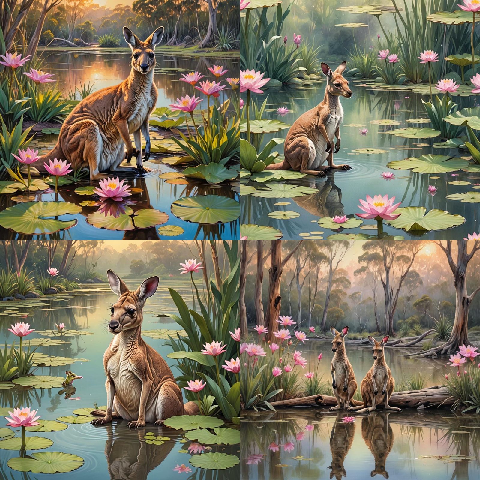 Kangaroo with Joey and Pink Flower by Pond