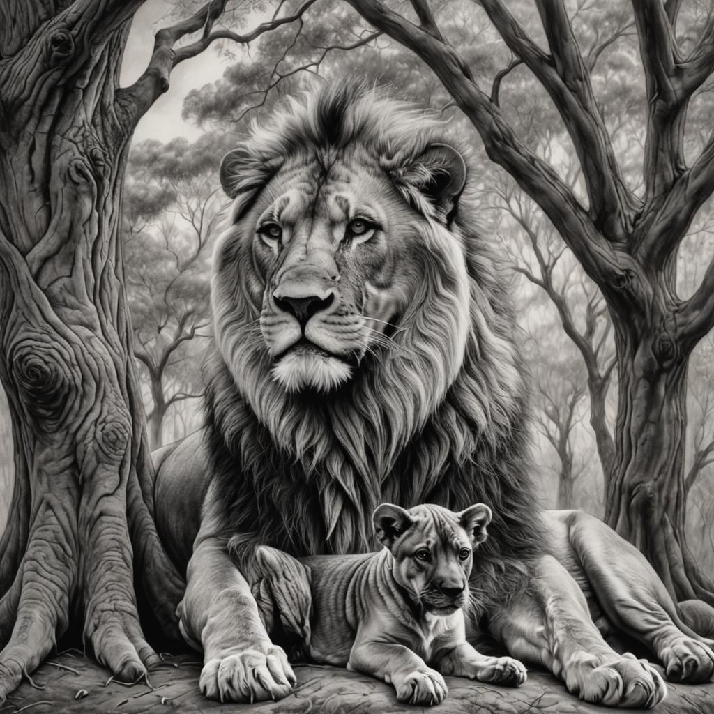 Lion and Rhodesian Ridgeback in Charcoal Style
