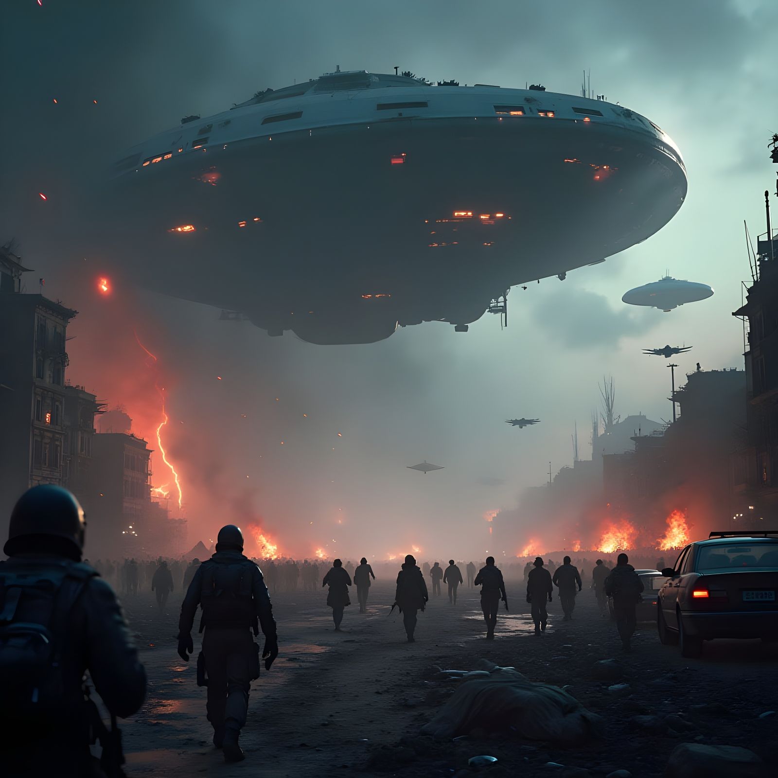 Alien Invasion in Ruin: Futuristic Ships Dominate Darkened C...