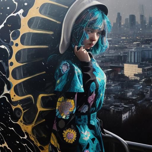 Pop Art Woman Crying at Sunrise in City