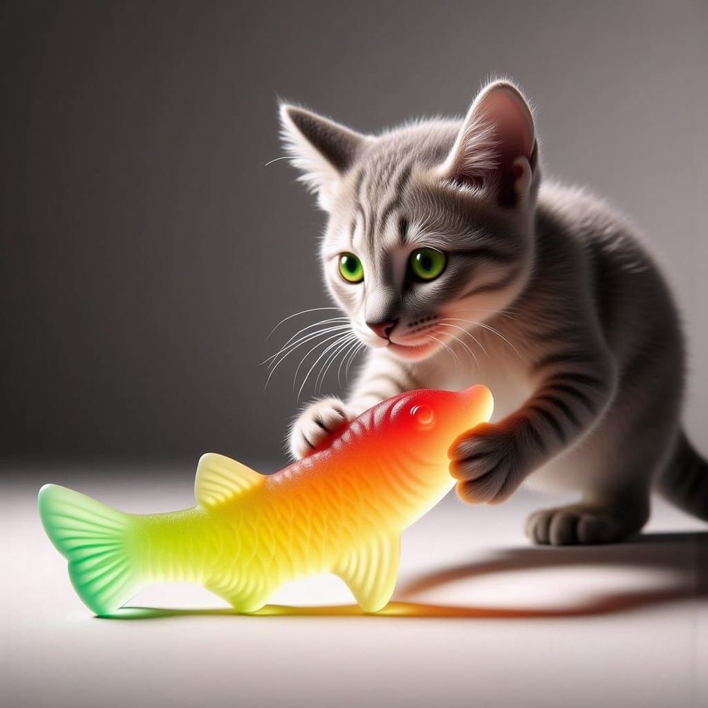 Tabby Cat Pouncing at Gummy Fish Toy
