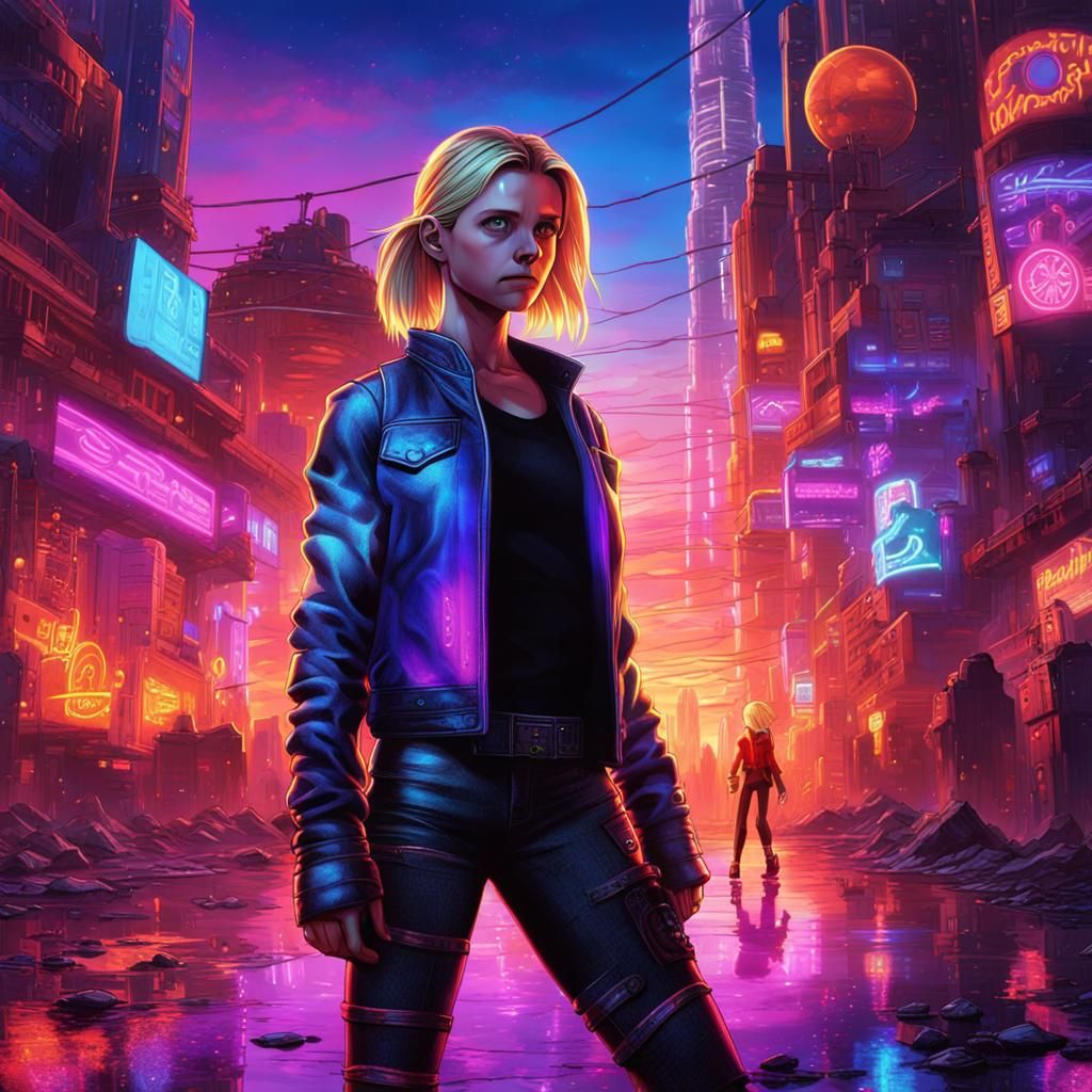 Buffy Summers in Android 18 Costume, Neon Cityscape