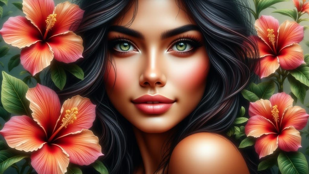 Hyperrealistic Beauty Surrounded by Tropical Flowers