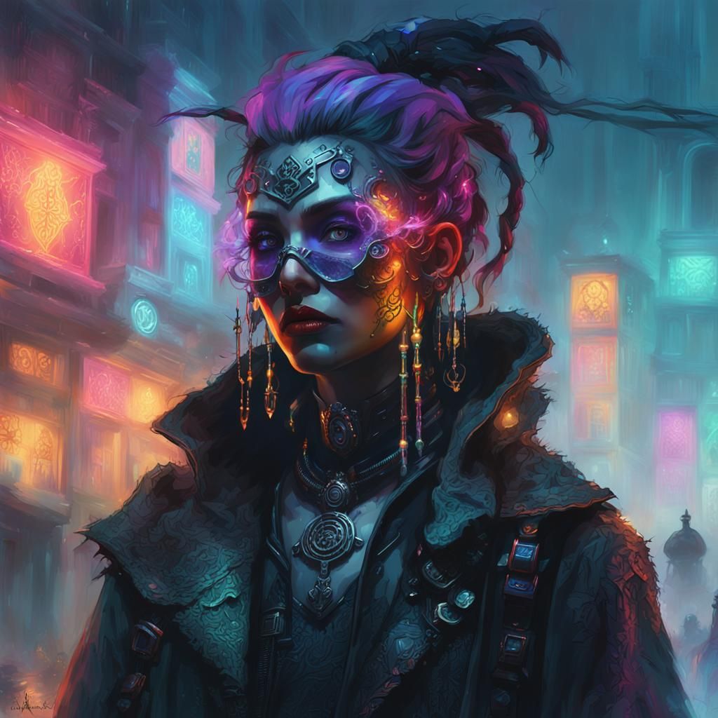 Cyberpunk Witch Concept Art with Neon Runes