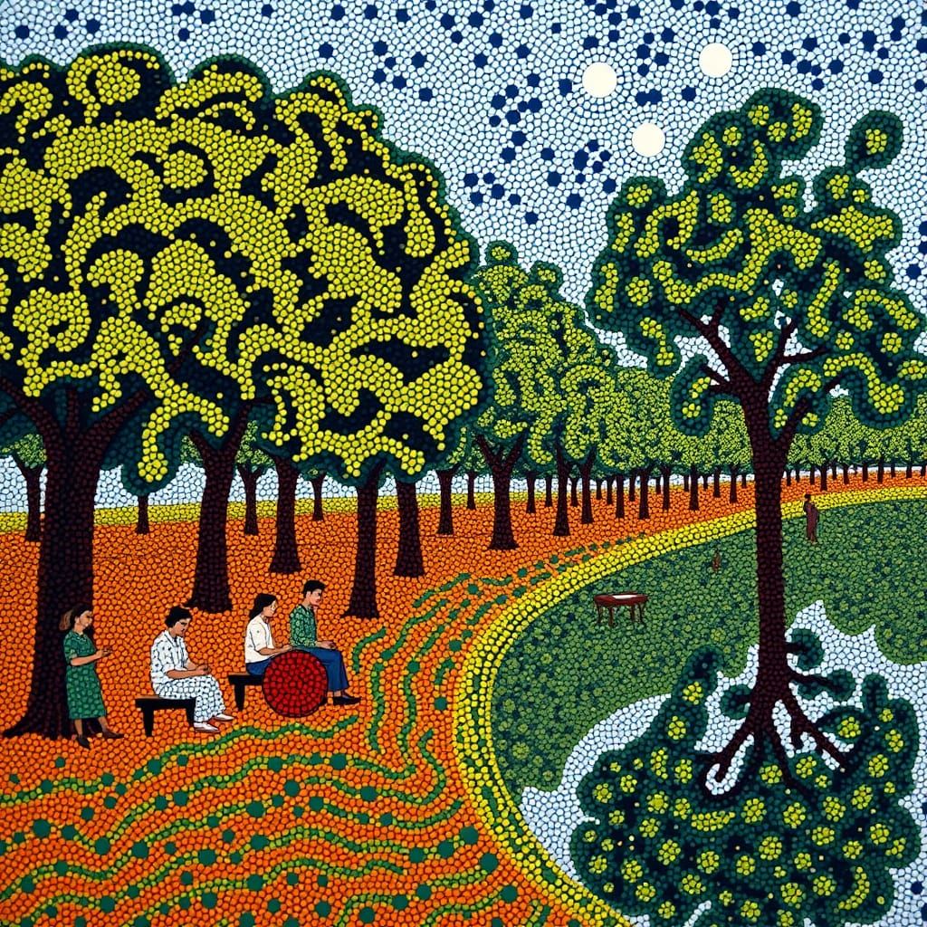 Pointillist Scene in Aboriginal Dot Painting Style
