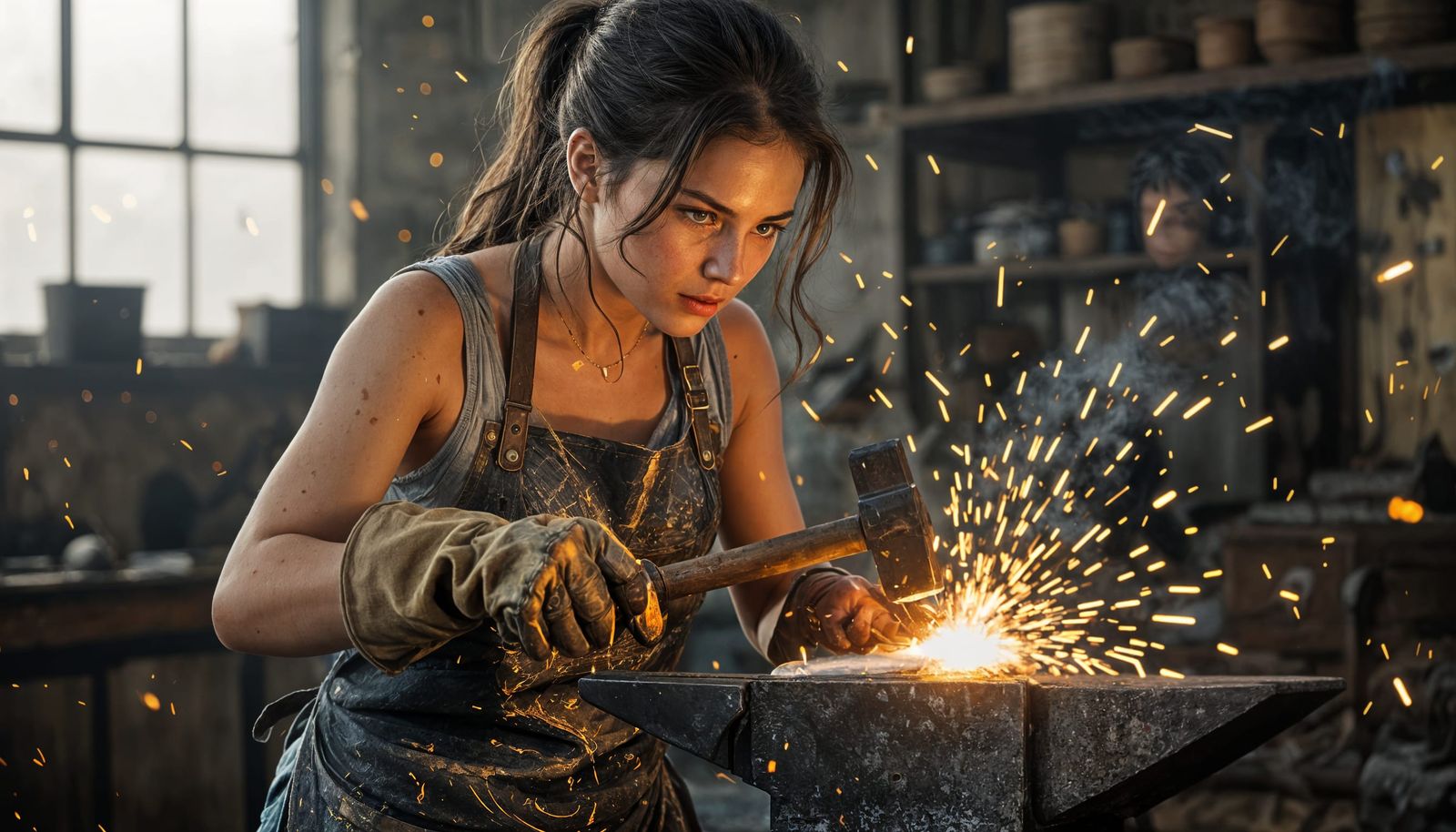 Blacksmith Woman Forging a Blade as Brushstroke Portrait