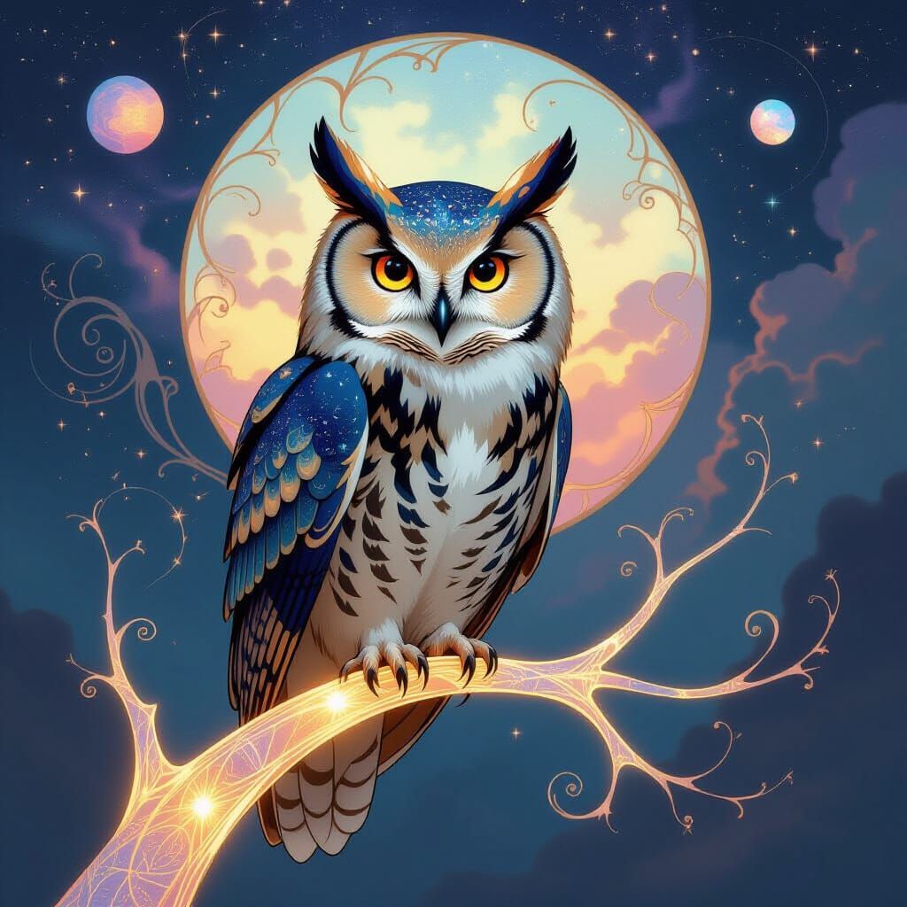 Iridescent Owl in Nebula Sky: Art Nouveau Style