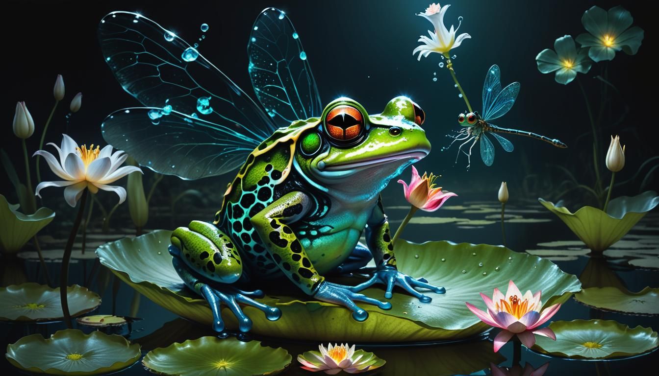 Bioluminescent Frog and Dragonfly Nocturne, Digital Painting