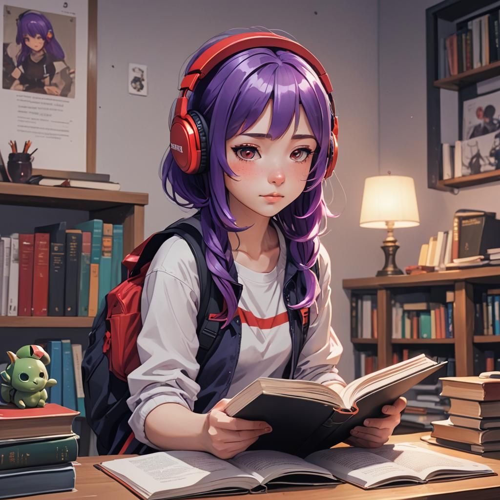 Anime Girl Reading with Headphones, Cel-Shaded Style