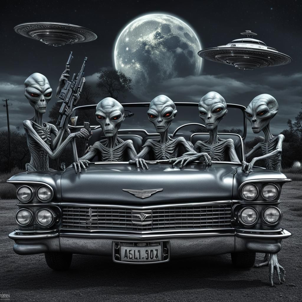 Alien Gangsters in Cadillac Convertible at Night