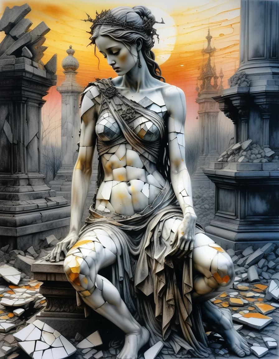 Shattered Porcelain Statue in Mixed Media Style