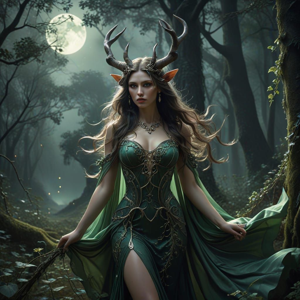Horned Goddess in Moonlit Forest: Hyperrealistic Dark Fantas...