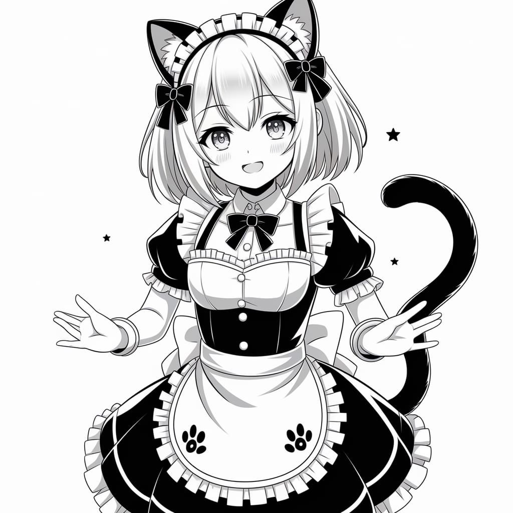 Anime Girl with Cat Ears in Maid Outfit