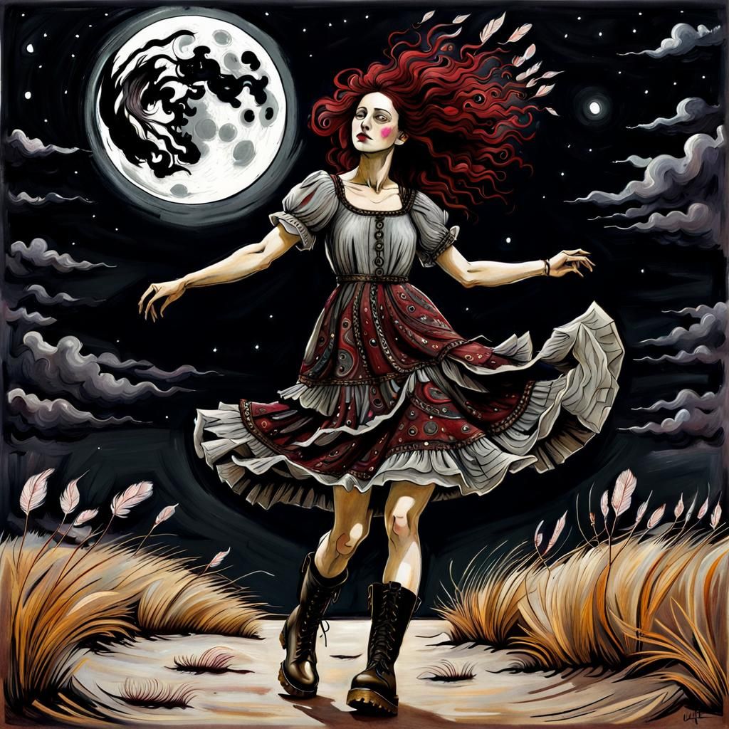 Woman Dancing Under Moon in Ink Print Style