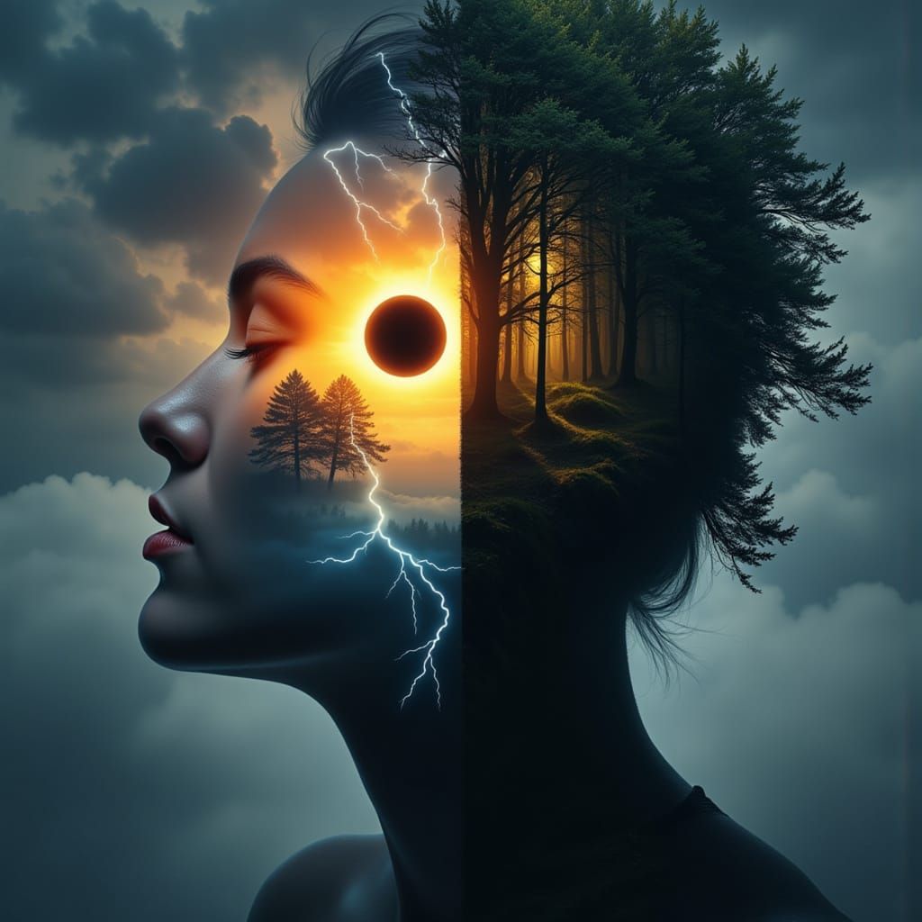 Eclipse Face: Duality in Surrealist Style