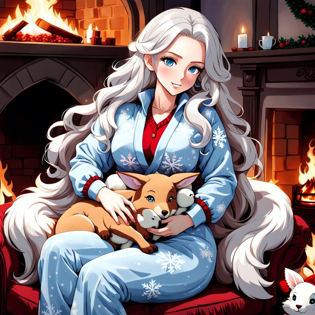 Curvaceous Woman Cuddling Plushie in Anime Style