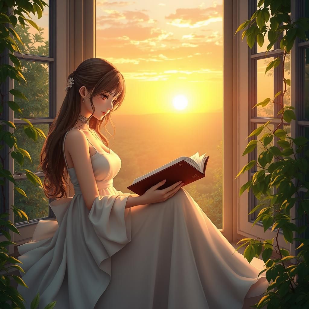 Anime Woman Reading at Sunset, 3D Render