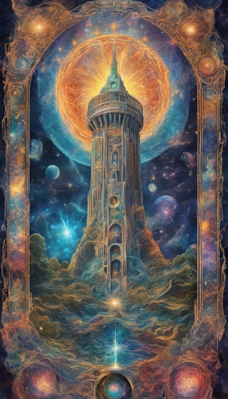 The Tower Tarot Card in Astral Holographic Style